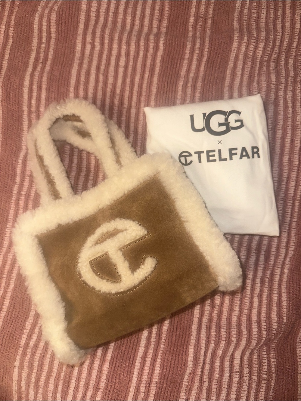 UGG x Telfar Chestnut Shearling Mini Tote with Cream Trim